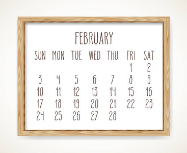 2019年2月矢量月日历。 从星期天开始的一周。 手绘文字在木制框架隔离在白色背景上。