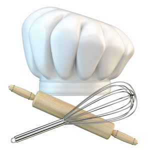 白色厨师帽与钢搅拌器和擀面杖3D渲染插图隔离白色背景