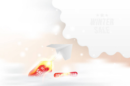 冬季销售50热优惠。白纸飞机在火中飞行的雪云和红色标签打折。平的向量例证 eps10