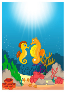 海马在美丽的水下世界卡通