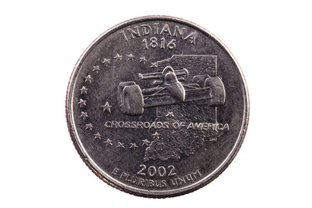 印第安纳州尾侧美国四分之一硬币白色背景