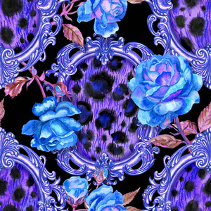 无缝图案的豹皮在巴洛克框架和蓝色玫瑰在黑色背景，水彩画。动物印花为面料，花型，背景为各种图案，复古风格..