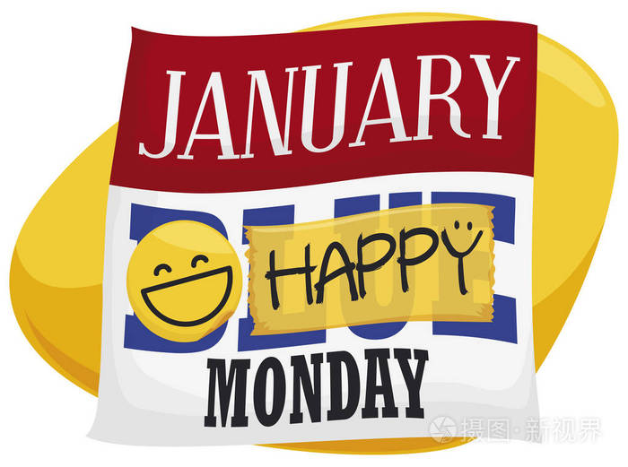 活页日历为蓝色星期一与一个圆形的贴纸,微笑的表情符号和黄色磁带