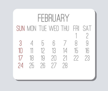 2019年2月矢量月日历。 从星期天开始的一周。 普通的浅灰色和白色的当代设计。
