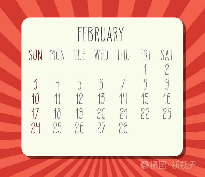 2019年2月矢量月日历. 从星期天开始的一周.