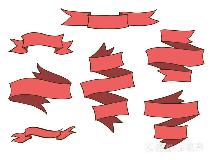 老式手绘红色丝带横幅矢量收集. 一组折叠丝带隔离在白色背景上.