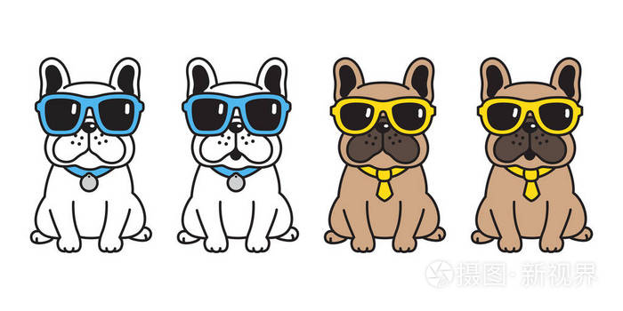 狗矢量法国斗牛犬太阳镜图标卡通人物小狗标志插图