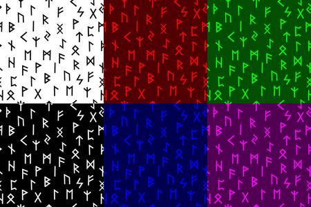 古老的Futhark符文无缝图案，旧的或日耳曼的Futhark黑色，白色，红色，蓝色，绿色，紫色背景集。