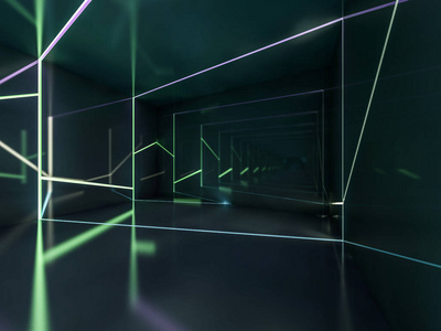 抽象黑暗的现代建筑背景，空旷的开放空间内部。 3D渲染