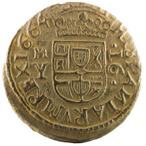 古西班牙国王费利佩四世铜币。 1664年在马德里创造的。 16马维迪斯。 反向。