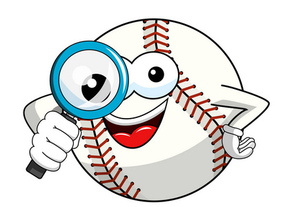 棒球人物吉祥物卡通放大镜矢量与白色隔离