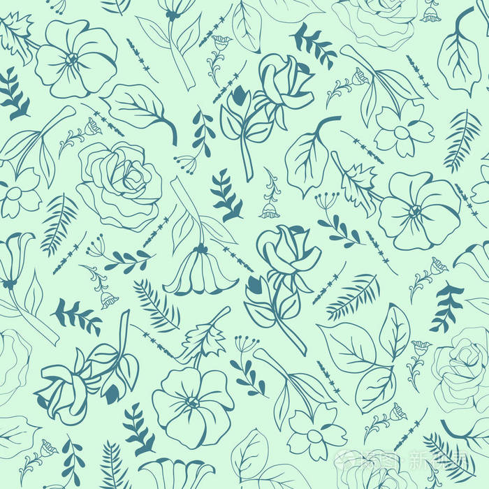 夏季潮流绿色吹花图案中的多种花. 野生植物图案无缝矢量纹理.
