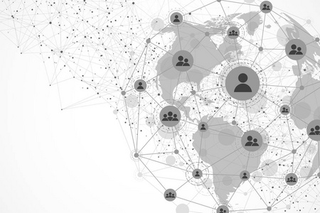 全球结构网络和数据连接概念。全球计算机网络中的社交网络通信。互联网技术。业务。科学。矢量插图