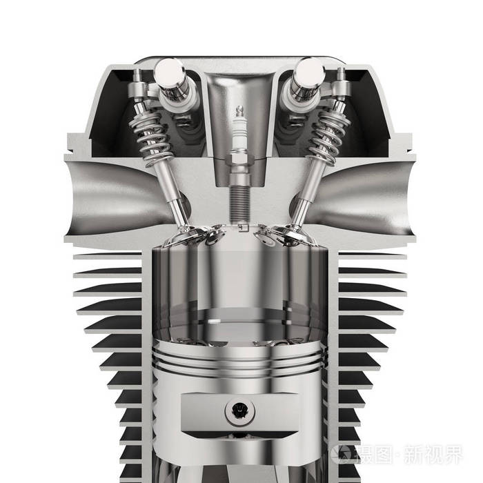 带有活塞的发动机,气缸和火花塞隔离在白色背景3d渲染上