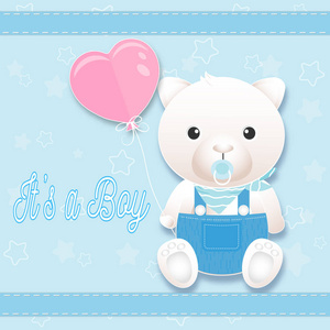 小男孩淋浴卡与泰迪熊在蓝色。 贺卡纸艺术风格插图