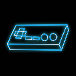 美丽的抽象霓虹灯明亮发光图标, 一个招牌从一个旧的复古操纵杆视频游戏机与按钮和复制空间在黑色背景。向量例证