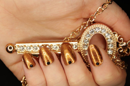 s manicure, Christmas nail color, golden diamond key