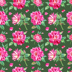 无缝图案的明亮粉红色玫瑰在绿色圆点背景手绘背景为不同的设计打印织物等。