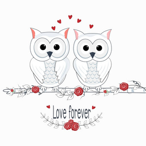 可爱的猫头鹰和爱永远的字母贺卡插图