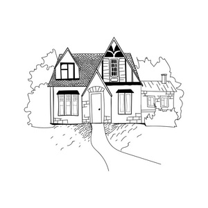 房子建筑的素描。自由手绘向量例证。房子外面透视画的缩略图。一个典型的乡村房子的手绘素描。黑色和