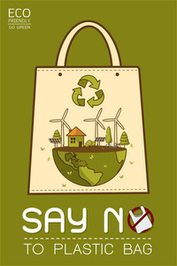 对塑料说不使用布袋世界环境日可爱卡通风格的概念。 绿色生态地球矢量插图。