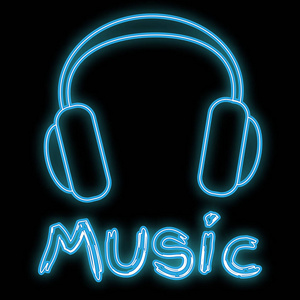 招牌全尺寸的音乐耳机和题字音乐复制空间上的黑色背景