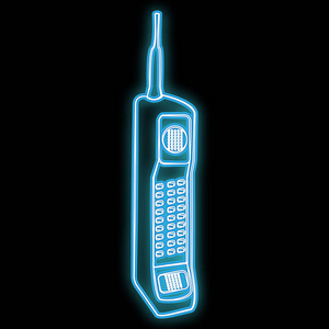 美丽的抽象霓虹灯明亮的发光图标, 一个招牌从一个古老的复古手机天线和按钮从 70年代, 80年代, 90年代和复制空间上的黑色背
