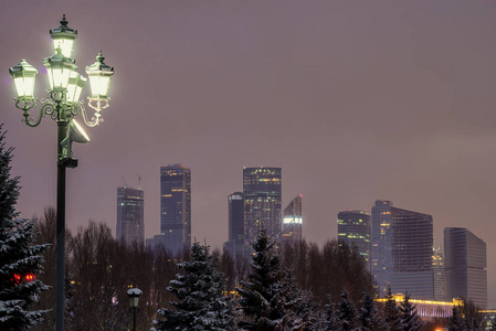 莫斯科国际商务中心莫斯科市俄罗斯夜景从公园与路灯和复制空间的天空。