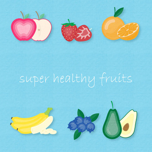 最受欢迎的水果的创意矢量插图集。 苹果草莓，橘子香蕉蓝莓，鳄梨。 非常营养有用的水果。 纸艺数字工艺。 纸的纹理。 剪纸风格