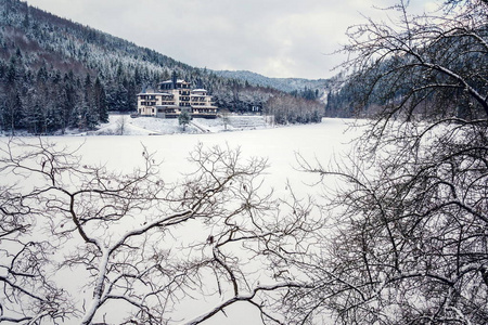 孤独的建筑美丽的雪冬森林景观冻结的布雷佐娃大坝闪亮的电影风格