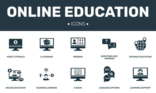 在线教育设置图标集合。包括简单的元素, 如电子学习, 网络研讨会, 电子书, 混合学习高级图标