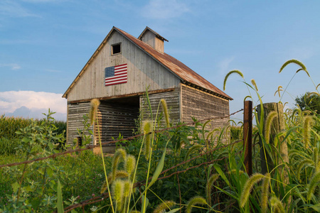 中西部古老的乡村谷仓，上面画着美国国旗。 美国伊利诺斯州