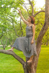 在阳光明媚的夏日，一个带着剃头的女孩在阳光明媚的苹果园散步