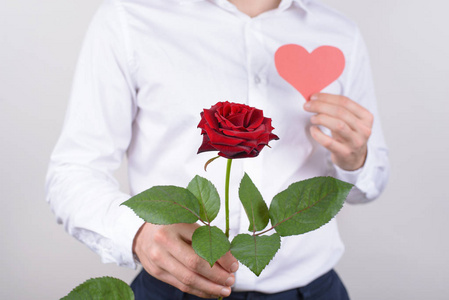 特写照片,英俊迷人,真诚的绅士,捧着明亮的大花,温柔的花瓣,孤立的