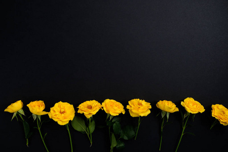 花的组成。 黑色背景上由黄色花朵制成的框架。 复活节春季夏季概念。 平躺顶部vi
