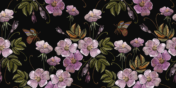 刺绣野生粉红色花和蝴蝶无缝图案。 服装纺织品和T恤设计的时尚模板
