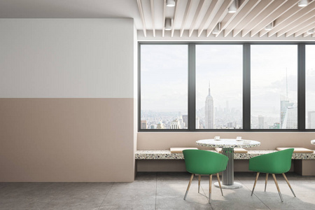 当代咖啡馆内部与空的复印空间家具和全景纽约城市视图。 模拟3D渲染