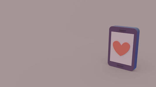 手机3D图标与心脏符号在屏幕上隔离在浅紫背景上