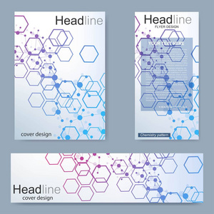 设置传单 小册子大小 A4 模板 横幅。分子的结构与连接的线和点。科学模式原子 Dna 与杂志 传单 封面 海报设计元