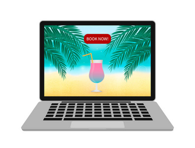 笔记本电脑屏幕与热带海滩，棕榈叶和一杯鸡尾酒隔离在白色。在线预订和互联网旅行社的概念。易于编辑矢量模板为您的设计项目。