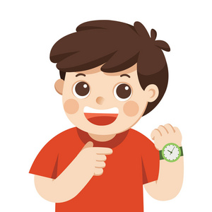 快乐男孩展示腕表。显示了一段时间。小男孩指着他的手表摆姿势。