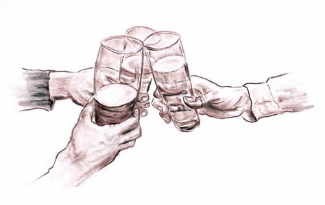 手拿酒杯三只手拿着酒杯,然后再喝特写的手,用画好的彩色铅笔在纸上画