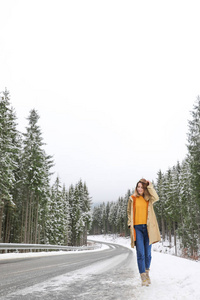 年轻女子走在雪林附近。 寒假