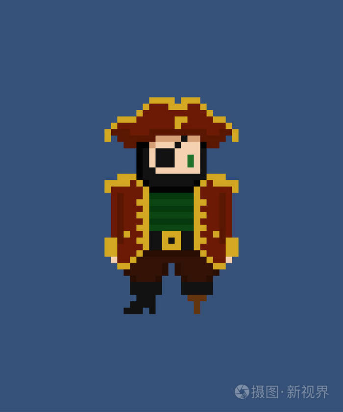 像素艺术矢量插图8位海盗船长与眼罩和腿拐杖