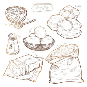 矢量套配料,老式手绘草图烘焙在光背景. 烹饪网站菜单书籍的插图.