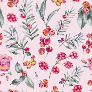 水彩复古无缝图案与浆果野花，黑莓和蝴蝶。 粉红色背景夏花天然花卉插画