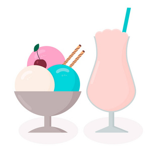 冰淇淋和奶昔的平面风格。 卡通糖果。 夏季甜点矢量插图。 易于编辑咖啡厅或餐厅菜单的设计模板
