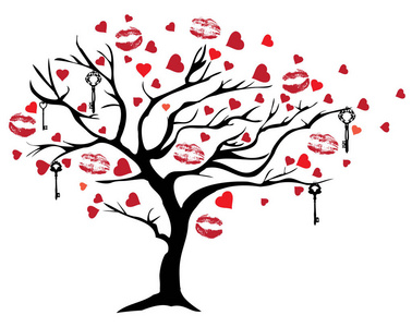 情人节树的矢量插图与心键。
