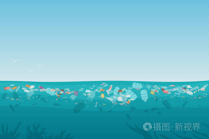 塑料污染垃圾在海面上与不同种类的垃圾-塑料瓶, 袋, 废物漂浮在水中.