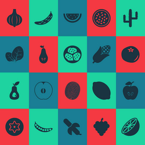 蔬菜图标设置与番茄酱, 豌豆, 杏子和其他自然元素。被隔绝的向量例证植物图标